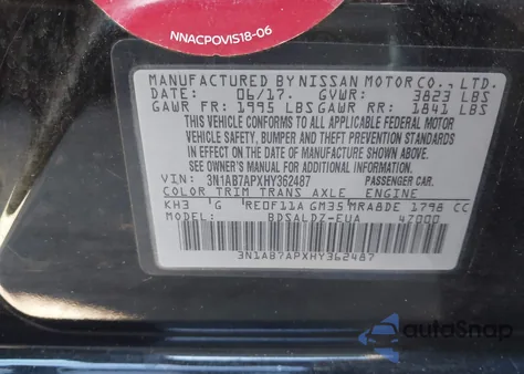 2017 Nissan Sentra Sv из США, поврежденный, VIN 3N1AB7APXHY362487